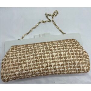 Vintage Woven Straw Raffia Clutch Purse‎ Plastic Snap Closure Chain Strap